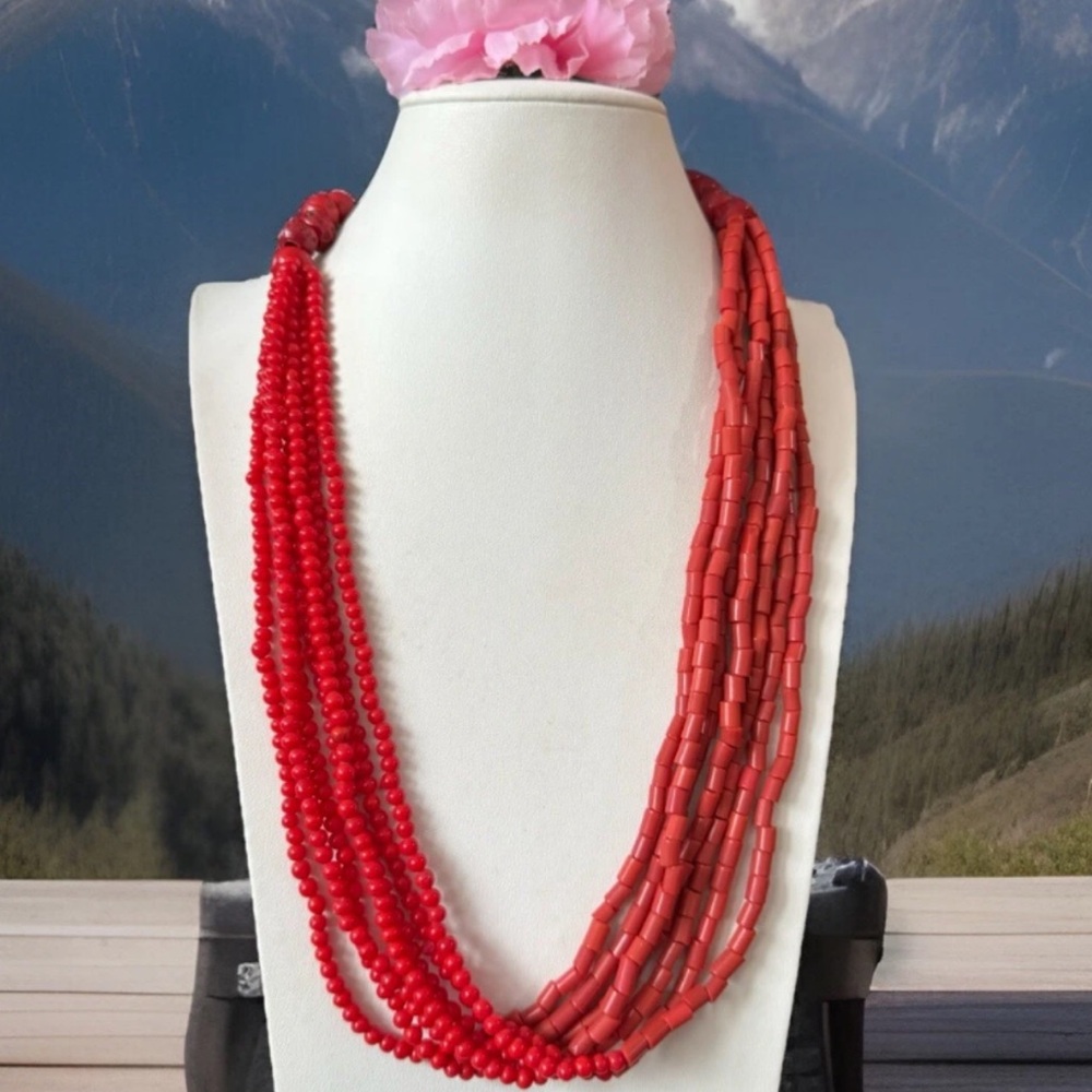 Multi Strand Indo/Tibet Ethnic Style Sherpa Coral Handmade Necklace 23”in & 120g